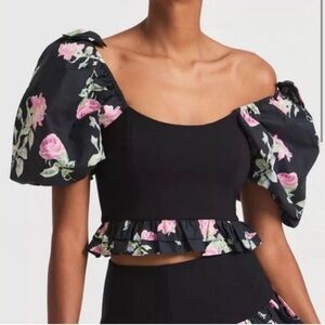 NWT LoveShackFancy Black Spirit Crop Top Shirt pink floral puff sleeve